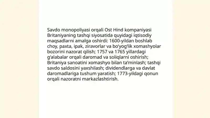 Ost indiya kompaniyasining Angliya tashqi siyosatida tutgan o‘rni 4