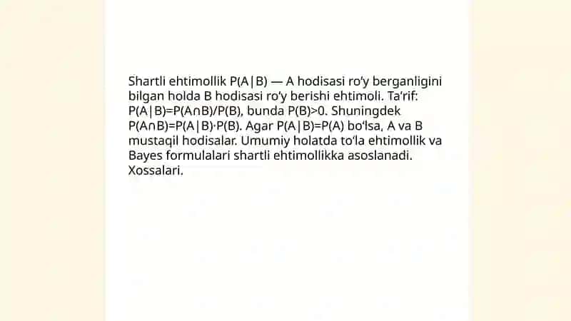 Klassik ehtimollik. Shartli ehtimollik. Toʻla ehtimollik BEYS formullasu 4