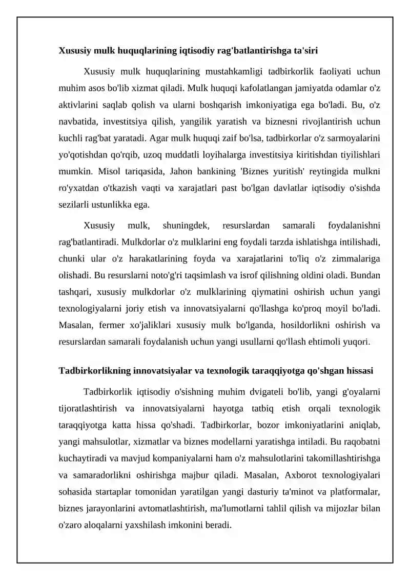 Xususiy tannoq va tadbirkorlikning milliy iqtisodiyotda tutgan o'rni hamda ijtimoiy-iqtisodiy 4