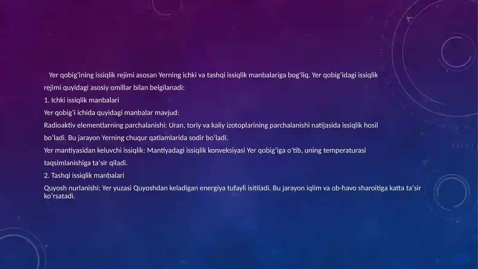Geotermalenergiyasi manbalariniklassifikatsiyasi.Yerqobigʻiniissiqlik rejimi. Issiq suv bilantaʼminlashmaqsadidageotermalenergiyadan foydalanish.Geotermalissiqlik elektr stansiyalari va qozonlari 4