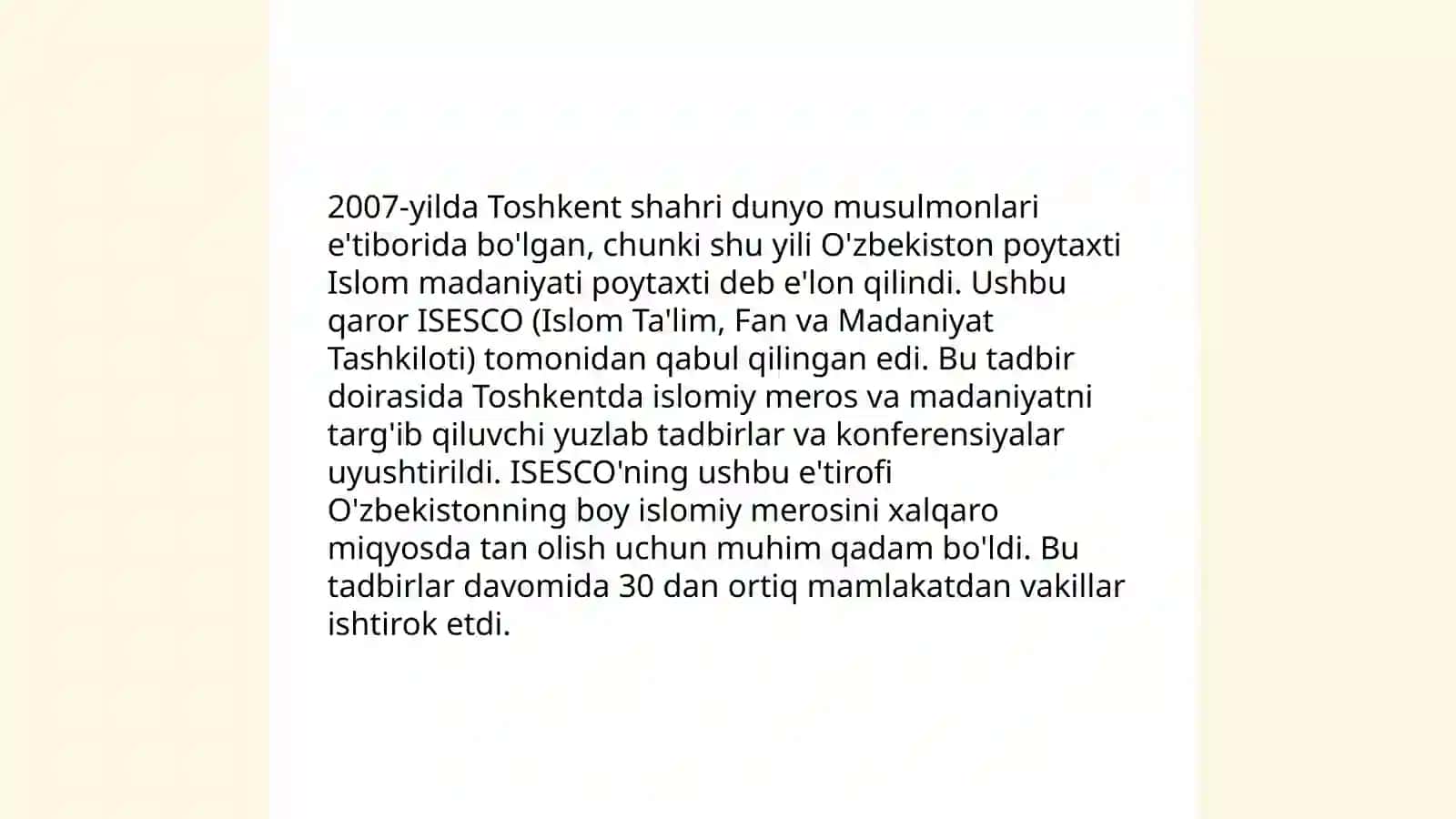 Toshkentning islom madaniyati poytaxti e'lon qilinishining sabablari 4