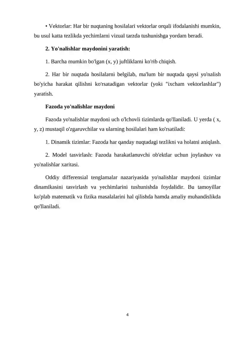 Oddiy differensial tenglamalar nazariyasining asosiy tushunchalari. Tekislikda va fazoda yo'nalishlar maydoni 4