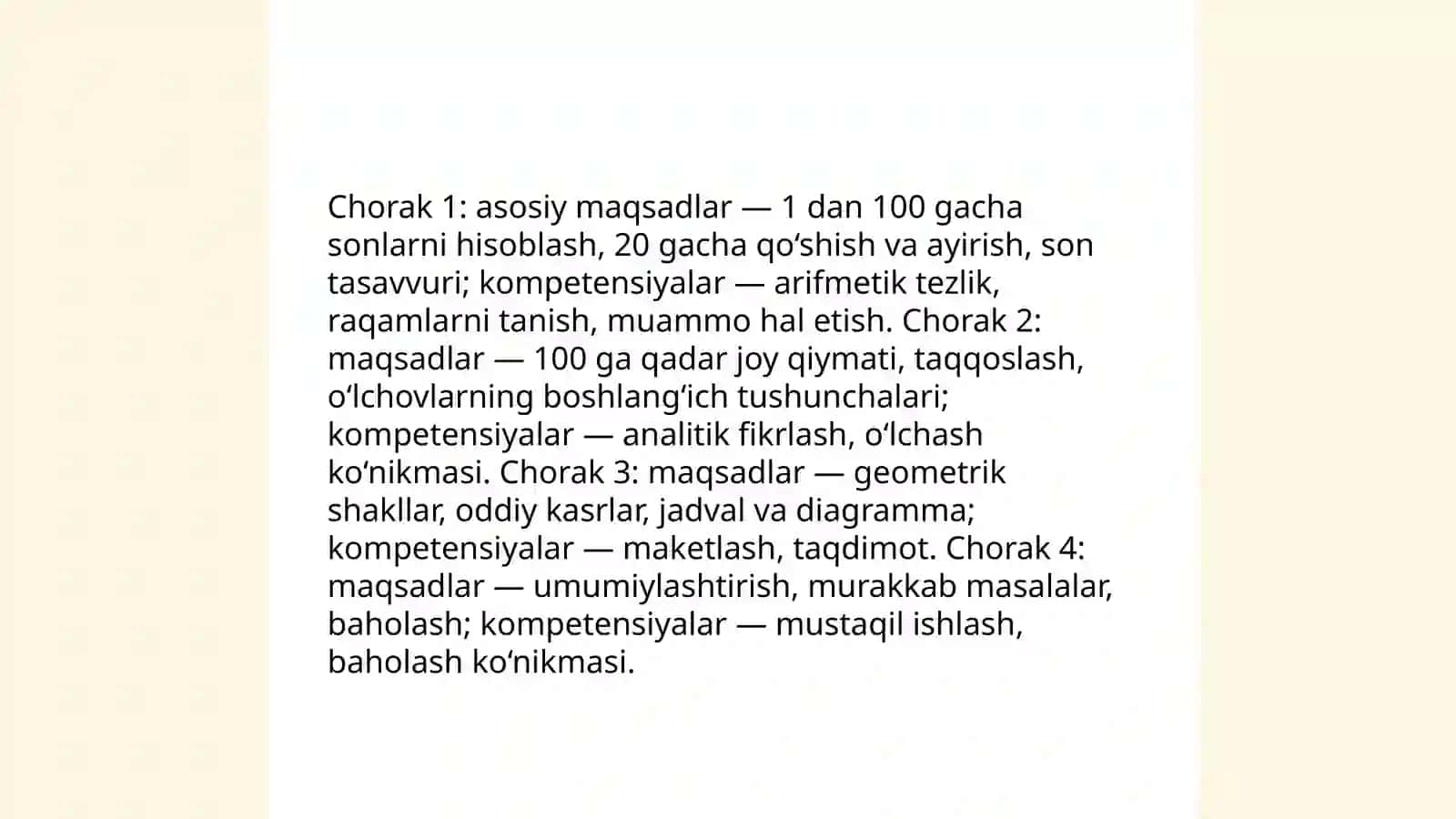 Ikkinchi sinf matematika dasturlari va materiallarning choraklar bo'yicha joylashuvi umumiy tahlili 4