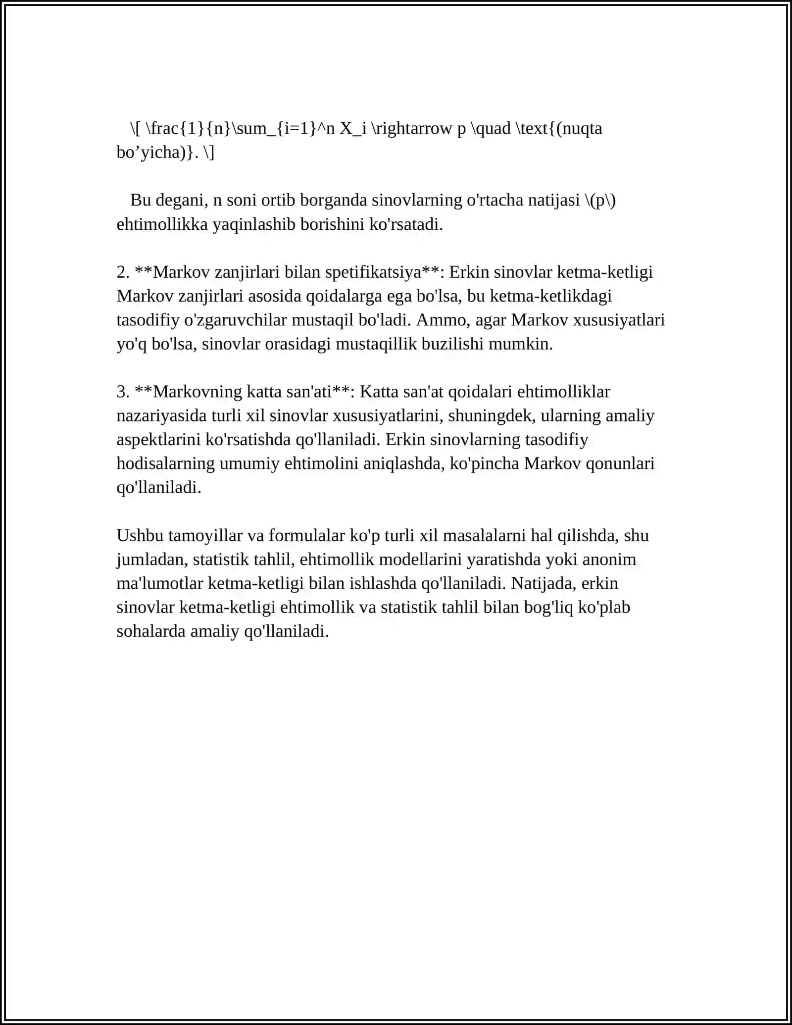 ERKLI SINOVLAR KETMA-KETLIGI,BERNULLI SXEMASI HAMDA LIMIT TEOREMALARIGA DOIR AMALIY TOPSHIRIQLARNI BAJARISH 4
