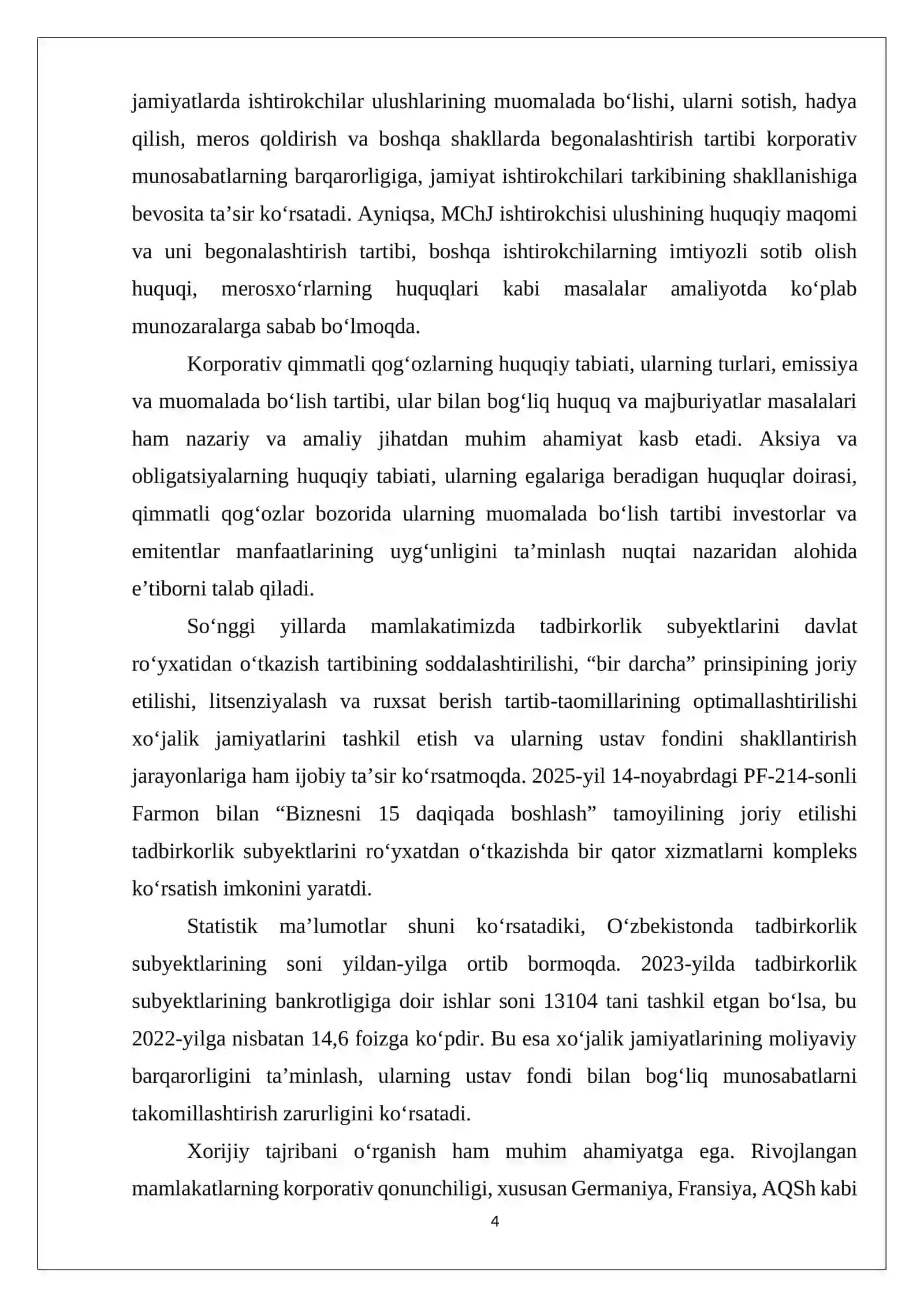 "Biznes / korporativ huquqi XO‘JALIK JAMIYATLARI FAOLIYATINING MULKIY ASOSLARI 4
