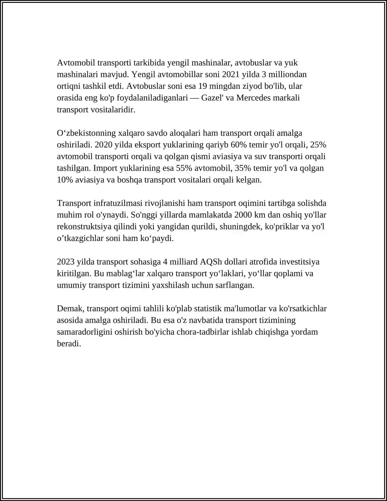 TRANSPORT OQIMINING ZICHLIGI, YO'LNING O'TKAZISH QOBILIYATI VA YUKLANGANLIK DARAJASI KO'RSATKICHLARINI BAHOLASH 4