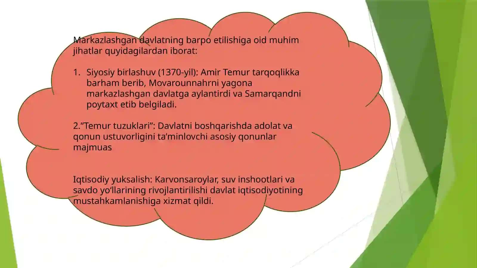 Movaraunnahrda Amir Temur tomonidan markazlahgan davlat barpo etilishi va uning fan, madaniyat va ma’rifat rivojiga qo’shgan hissasi 4