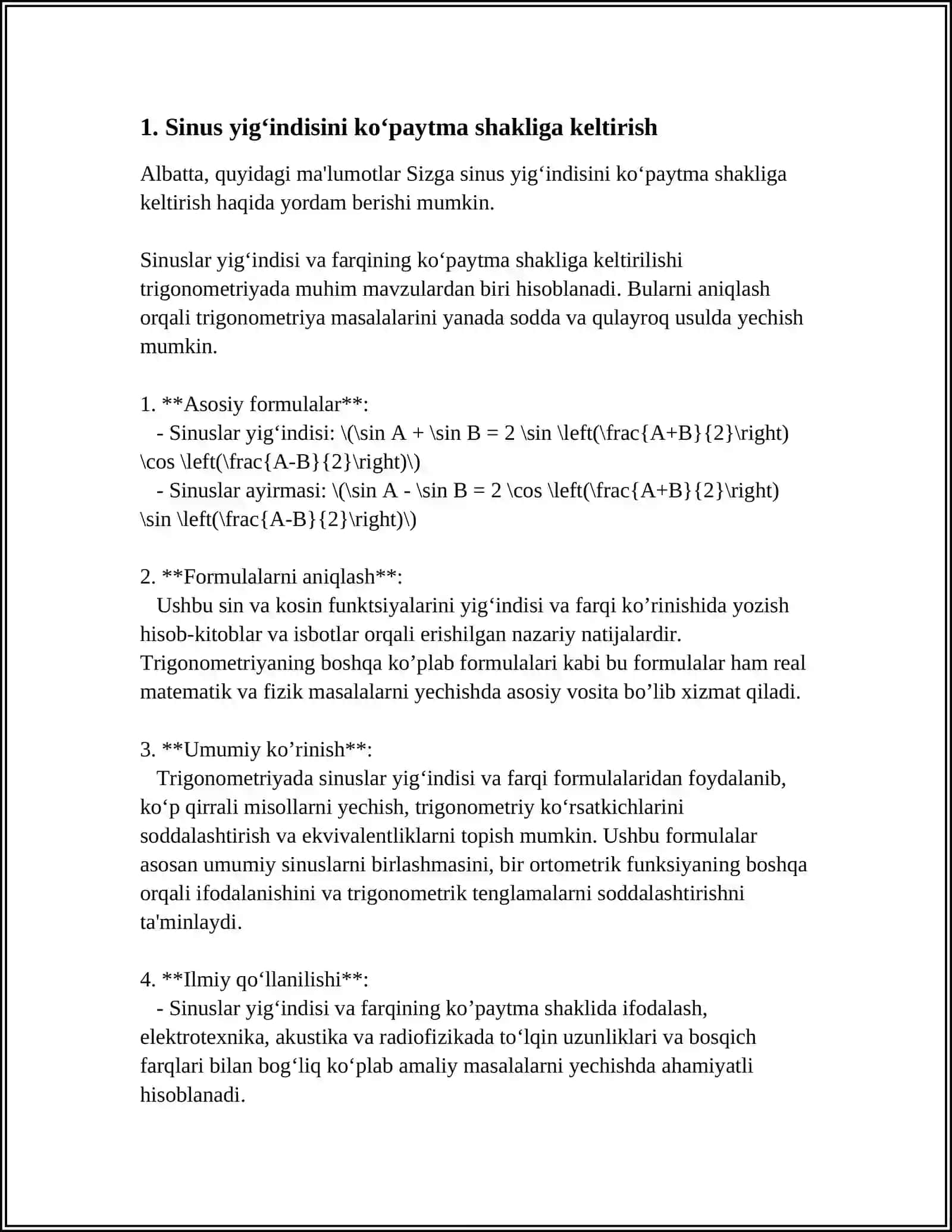 TRIGONOMETRIK FUNKSIYALAR YIGʻINDISI VA AYIRMASINI KOʻPAYTMA VA BOʻLINMA SHAKLIGA KELTIRISH FORMULALARI 4