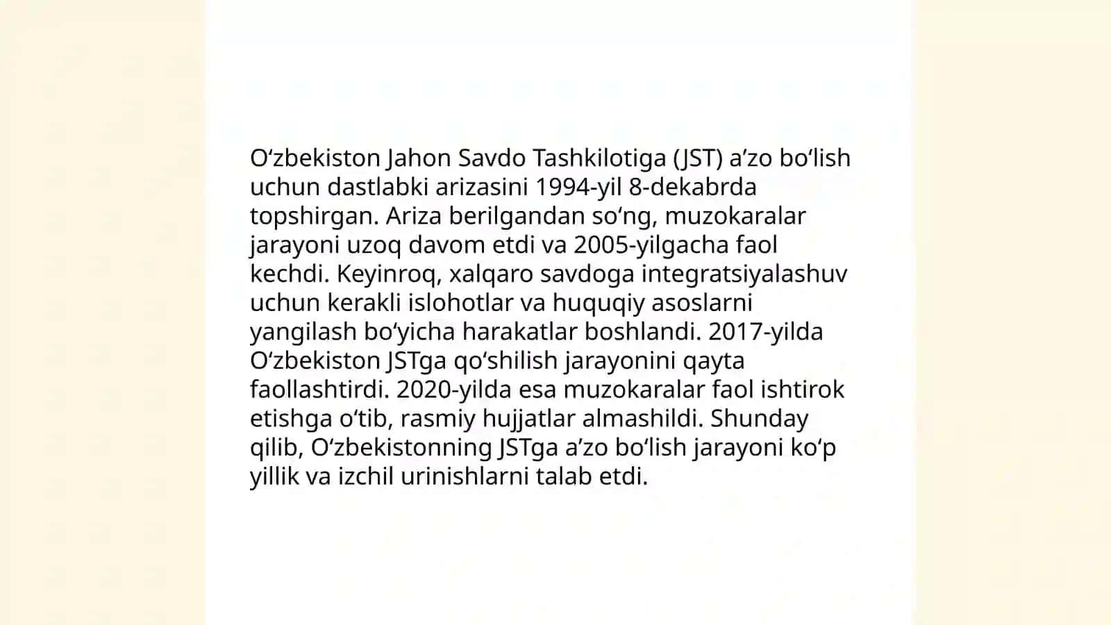 Oʻzbekiston respublikasining butunjahon savdo tashkilotiga aʼzo boʻlib kirishni belgilovchi shart sharoitlar 4