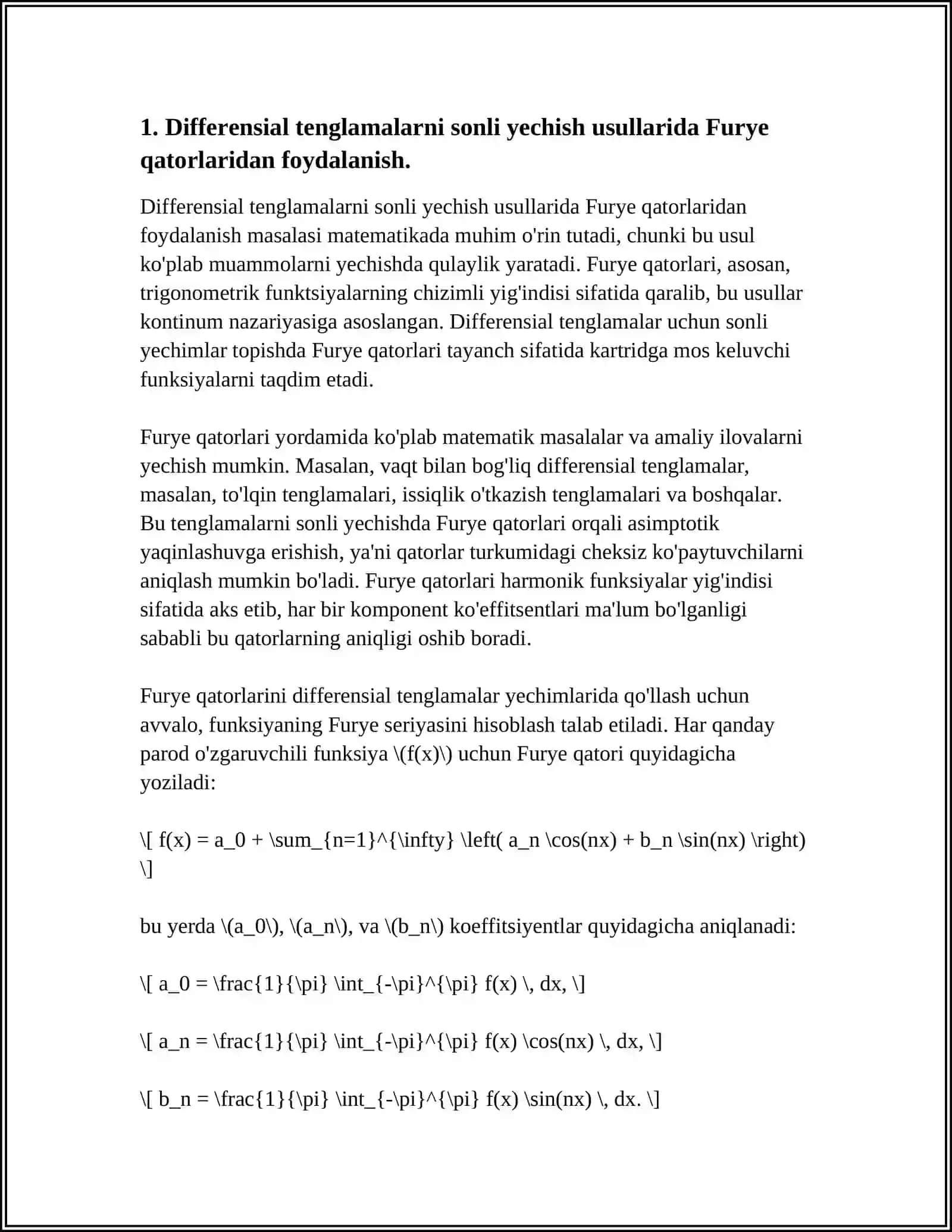 DIFFERENSIAL TENGLAMALAMI YECHISHDA FURYE QATORLARINING QO‘LLANILISHI 4
