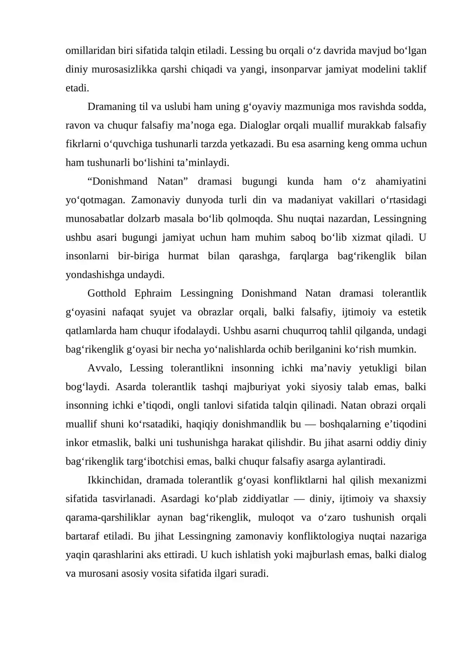 G.E LESSINGNING "DONISHMAND NATAN" DRAMASIDA TOLERANTLIK GʻOYASINING IFODALANISHI. 4