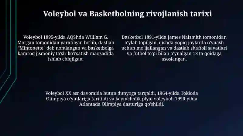 Voleybol va Basketbol: Tarix, Qoidalar va Texnikalar 4