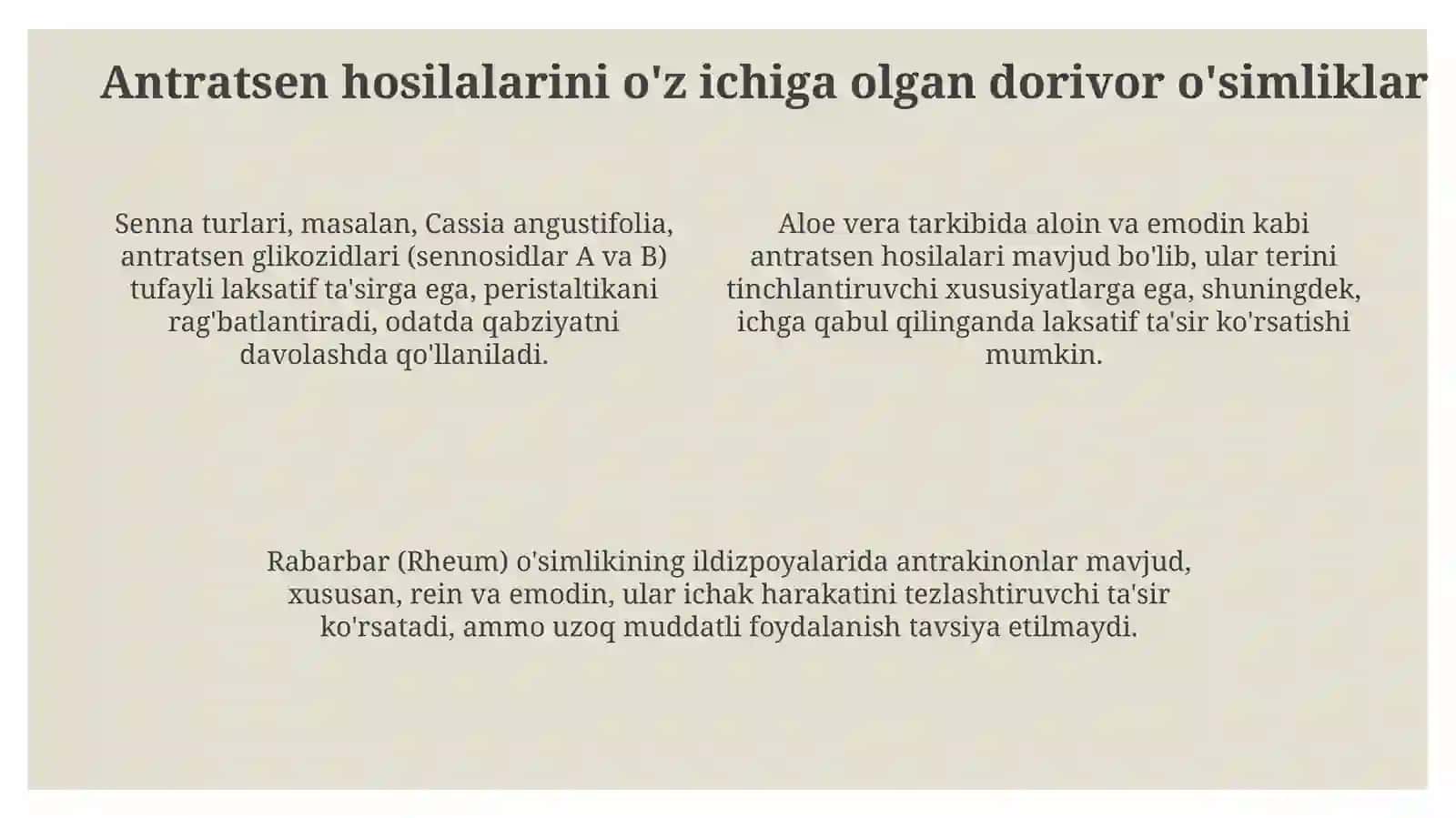 Tarkibida antrosen unumlari saqlagan dorivorosimliklar va mahsulotlar 4