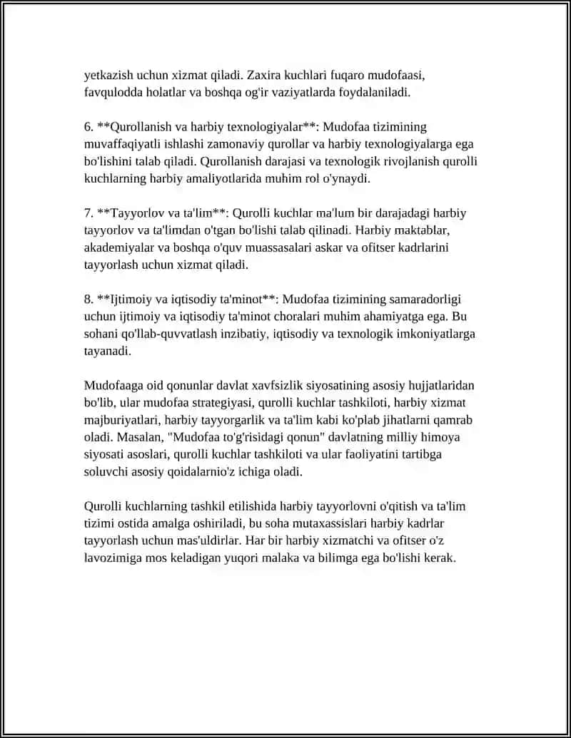 MUDOFAA TUSHUNCHASI, MUDOFAA TOG’RISIDAGI QONUN 4