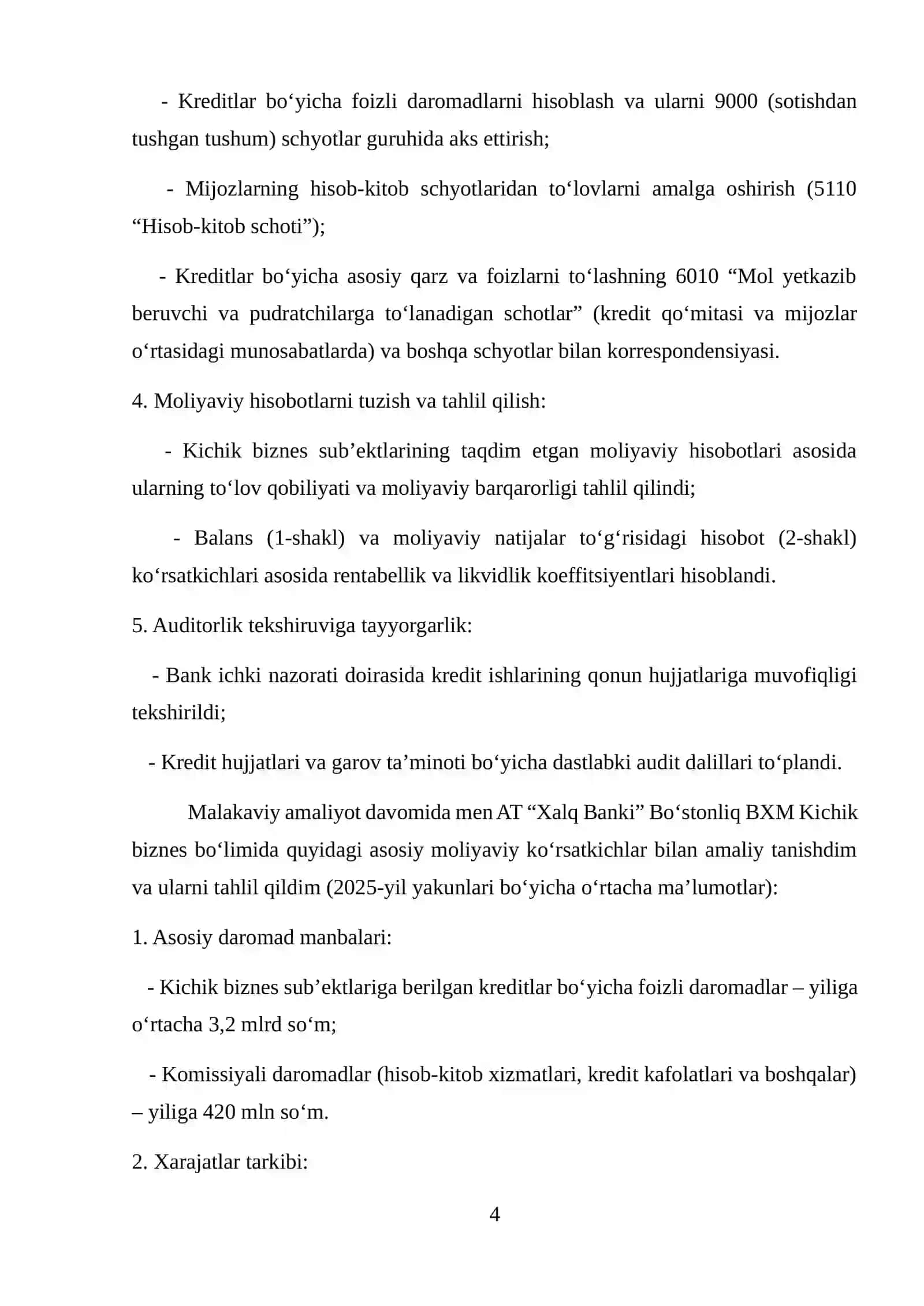 AT “Xalq Banki” Bo‘stonliq filiali. Amaliyot hisoboti 4