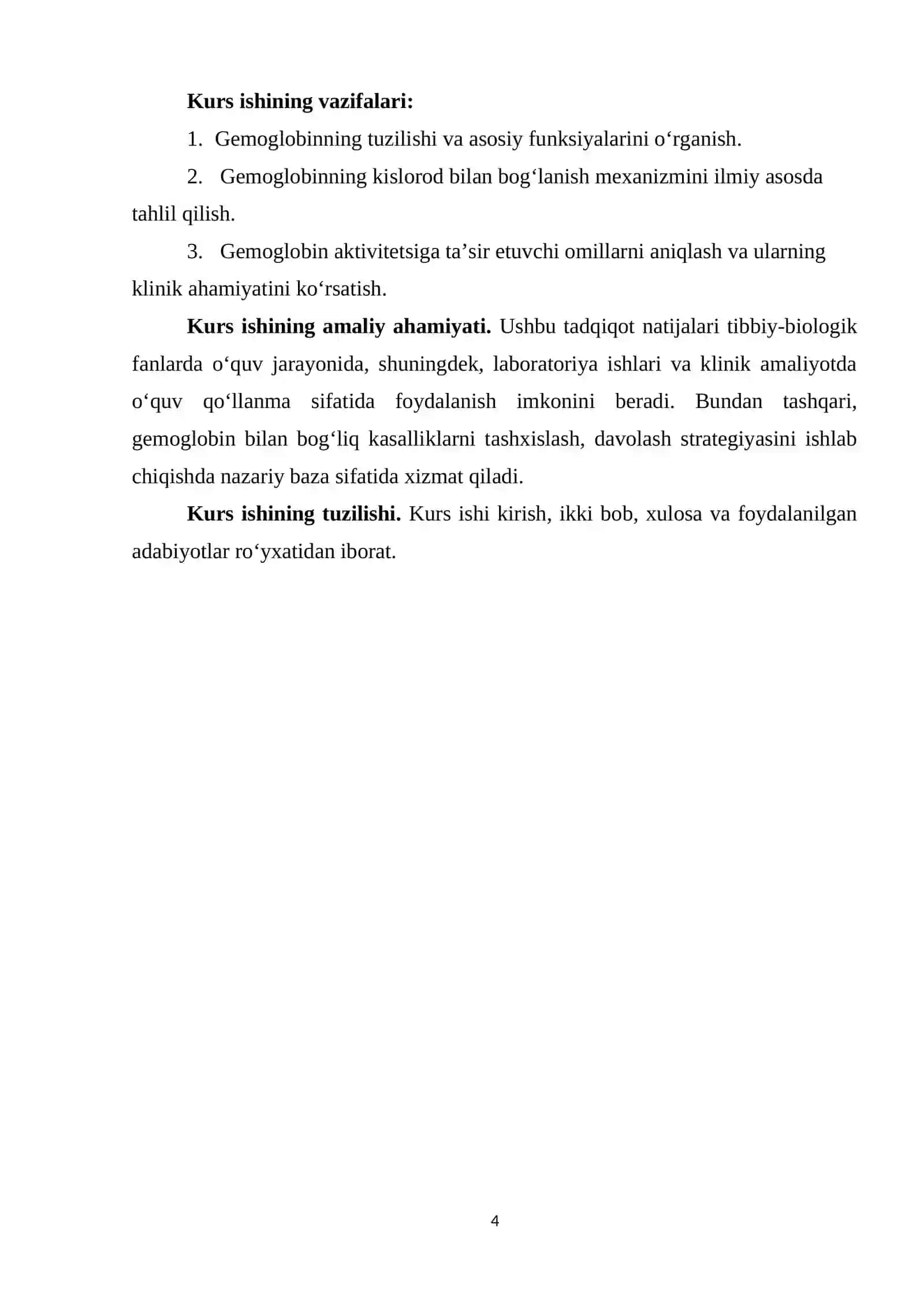 "GEMOGLOBINNING KISLOROD BILAN BIRIKISHIİ" MAVZUSIDAGI KURS ISHI 4