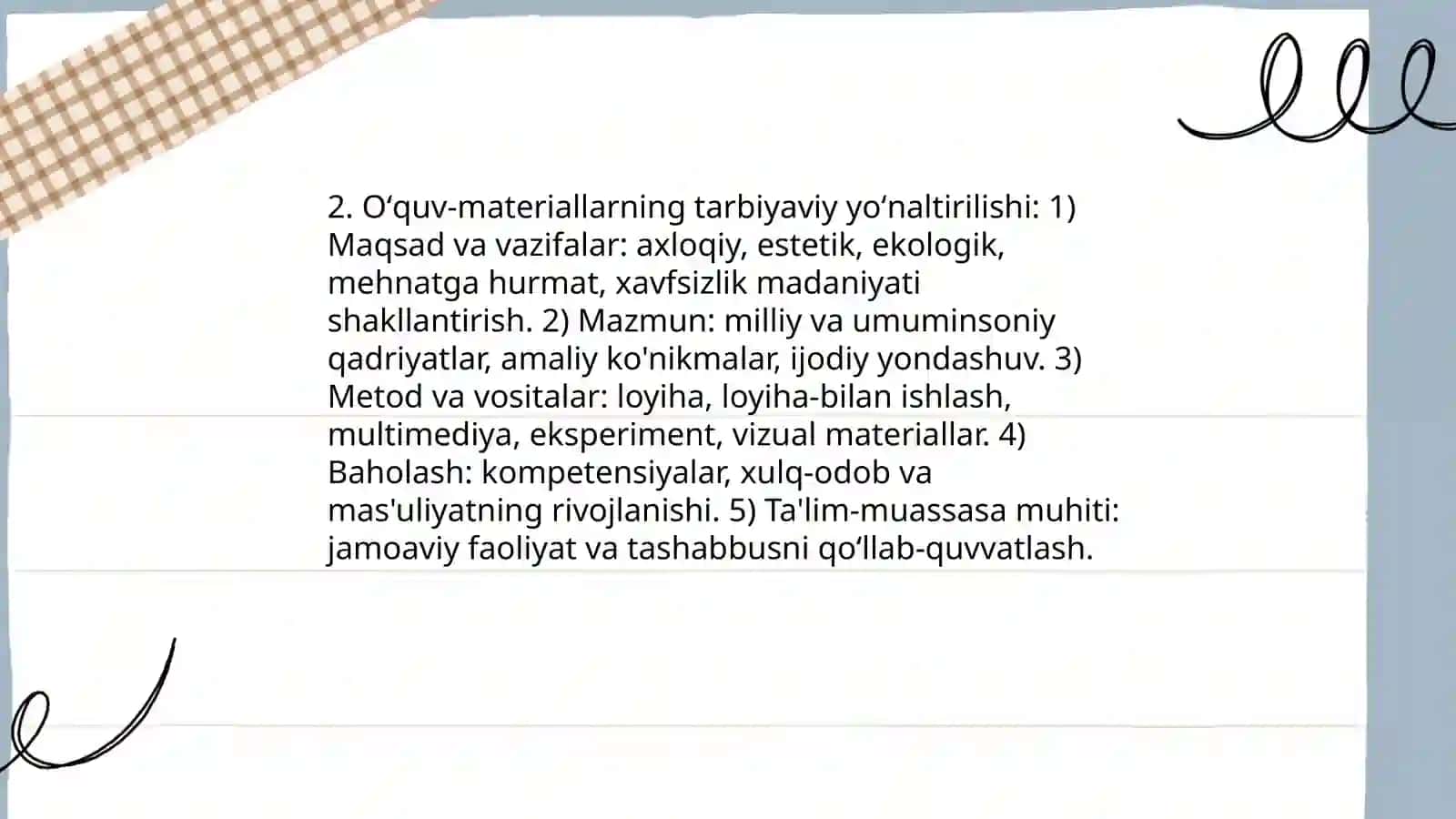 Texnologiya taʼlimi metodikasi fanining tarbiyadagi oʻrni nimalardan iboratligini aniqlash 4