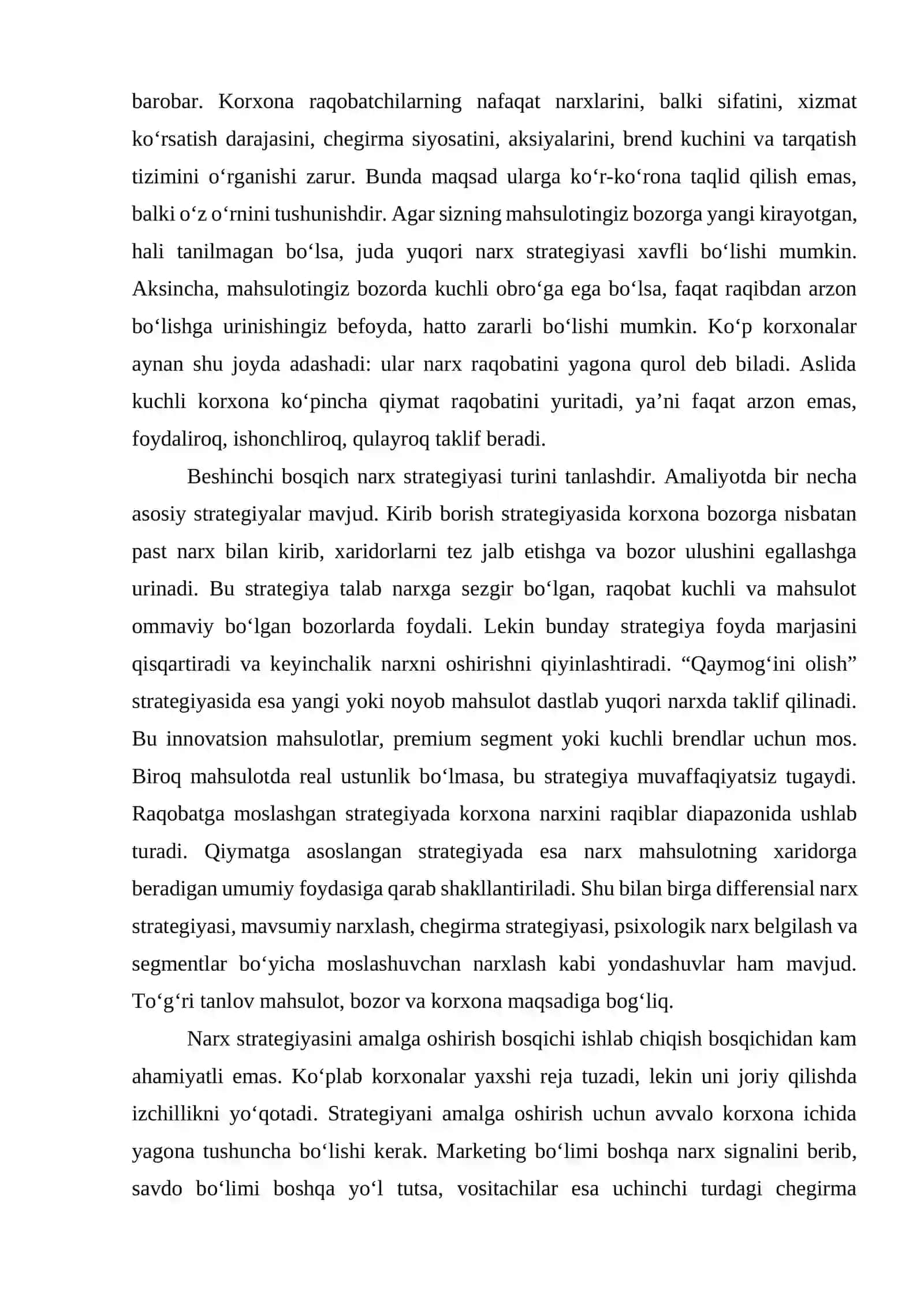 Korxona narx strategiyasini ishlab chiqish va uni amalga oshirish 4