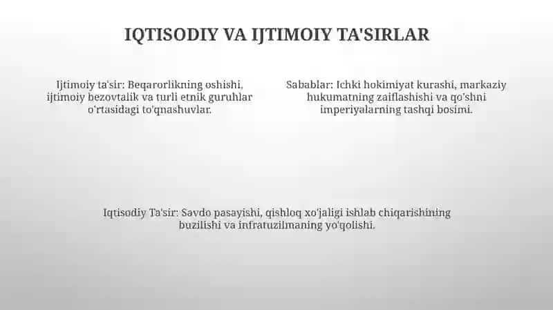 O'zbekiston hududlarining xonliklarga bo'linib ketishi, uning sabablari va oqibatlari 4