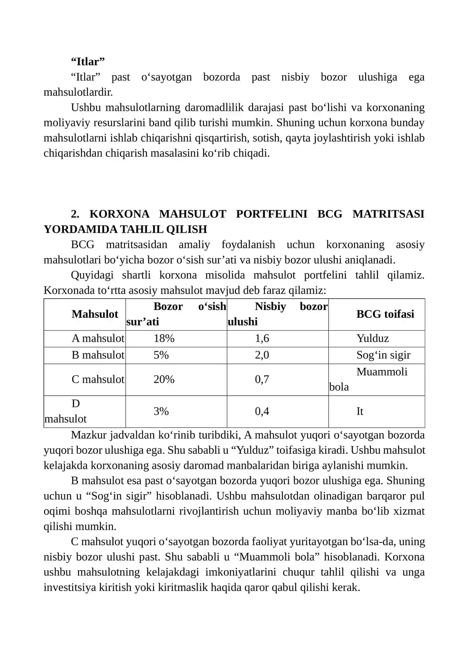 Korxona Mahsulot Portfelini BCG Matritsasi Yordamida Tahlil Qilish va Investitsiya Ustuvorliklarini Belgilash 4