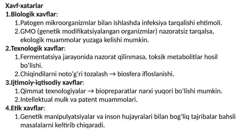 Biopreparatlar ishlab chiqarish sanoatida biologik faol moddalarni biotexnologik usullarda olishning o’ziga xos xavf – xatarlari, yutuqlari va maqsadlari. 4