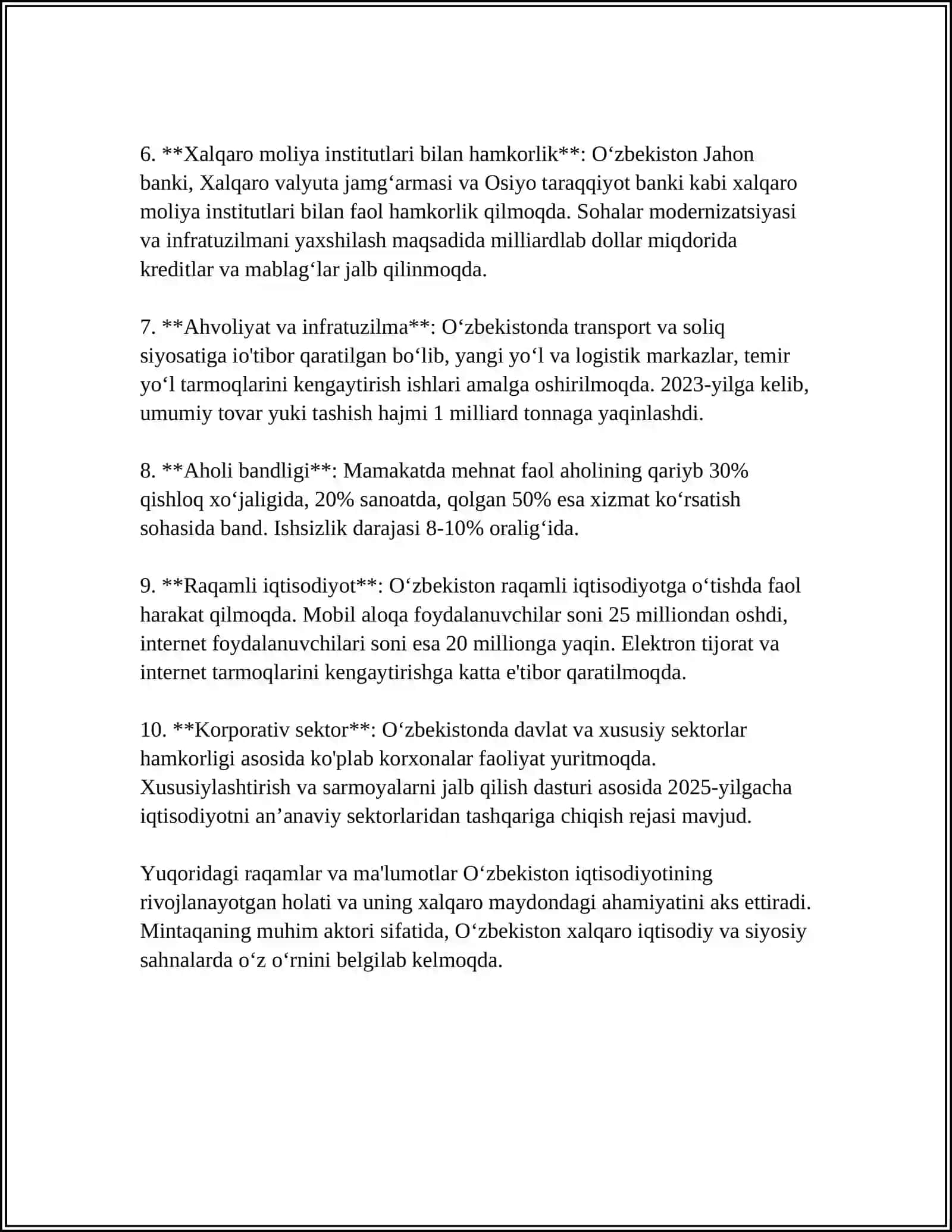 OʻZBEKISTONNING JAHON XOʻJALIGIDAGI OʻRNI VA ROLI 4