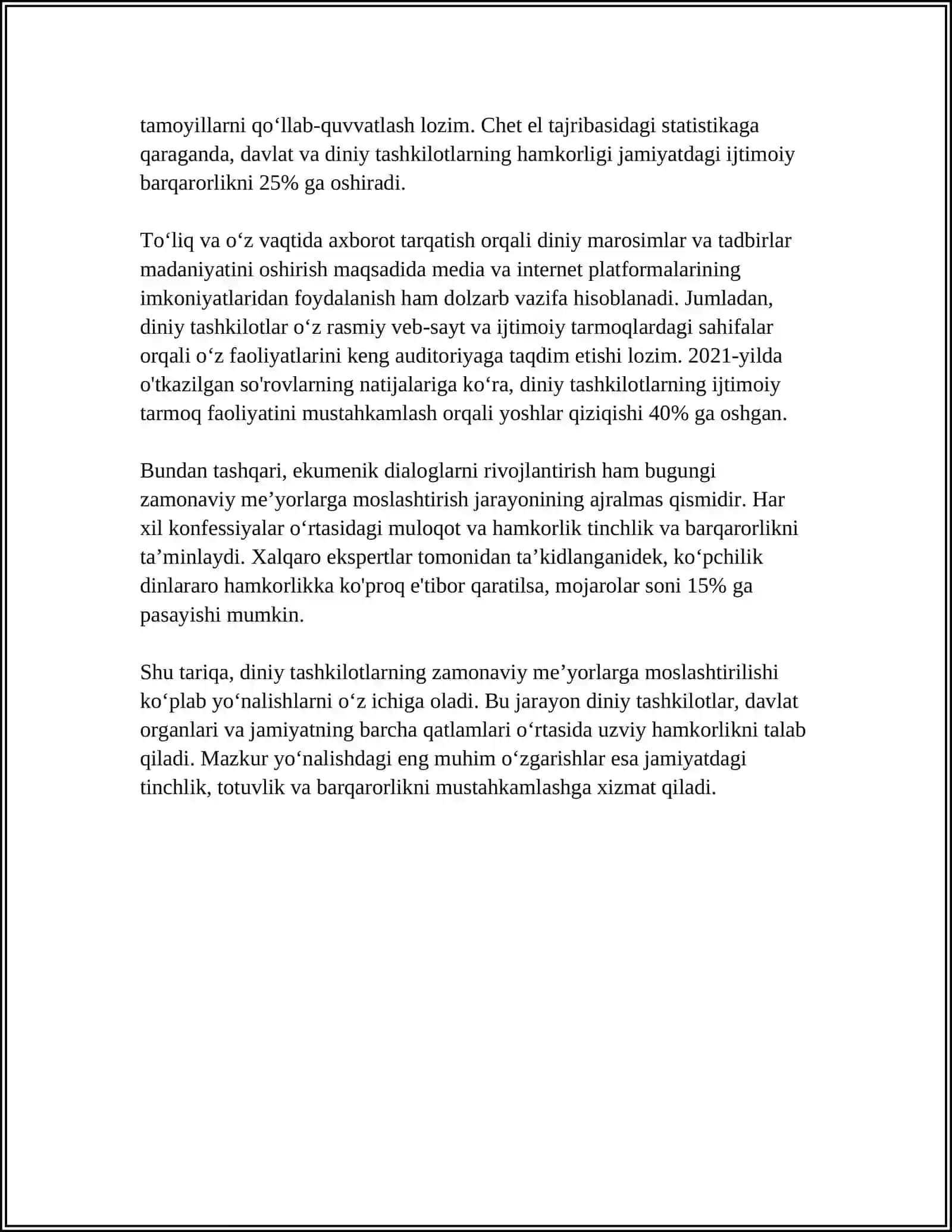 DINIY TASHKILOTLARNING ZAMONAVIY MEʼYORLARGA MOSLASHUVINING AHAMIYATI 4