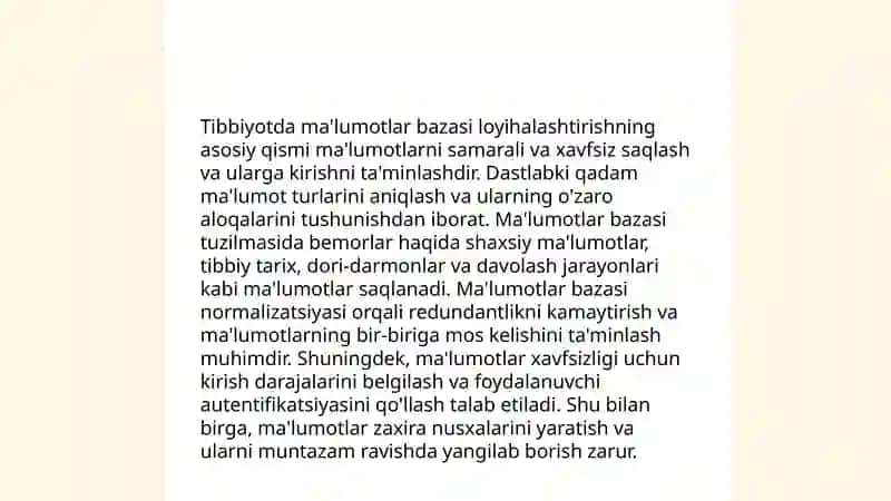 Tibbiyotda ma'lumotlar bazasi loyihalashtirish. Mutaxassis shifokorning ma'lumotlar bazasini boshqaruvchi tizimlar 4