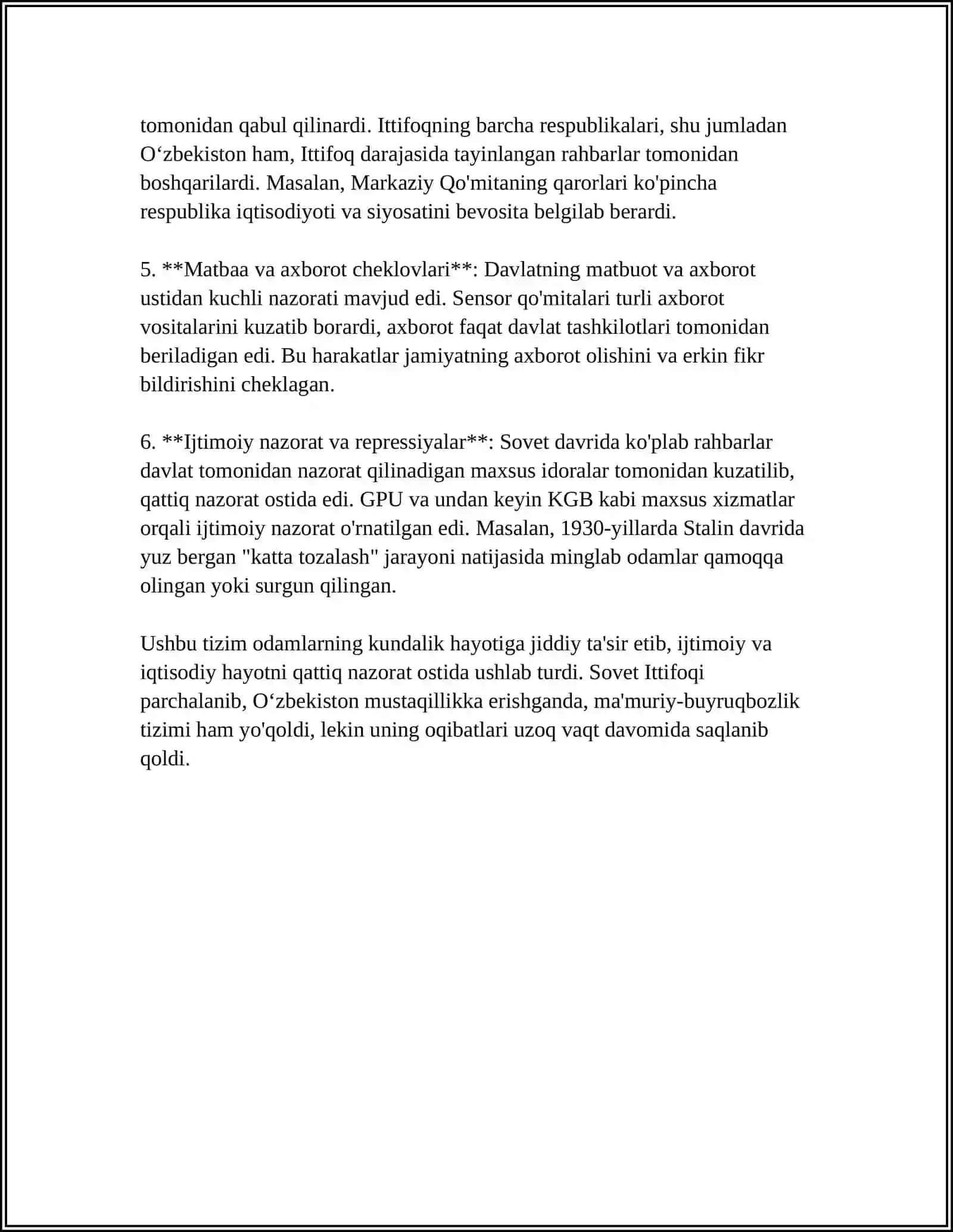 SOVET DAVLATIDA MA'MURIY-BUYRUQBOZLIK TIZIMINING KUCHAYISHI VA INQIROZI DAVRIDA ÕZBEKISTON. ÕZBEKISTON DAVLAT MUSTAQILLIGINING QÕLGA KIRITILISHI. ÕZBEKISTONNING JAHON HAMJAMIYATIGA QÕSHILISHI 4