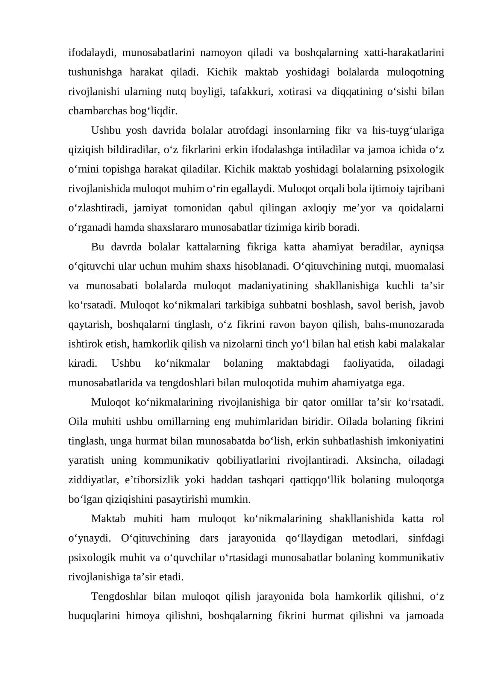 KICHIK MAKTAB YOSHIDAGI BOLALARDA MULOQOT KO‘NIKMALARINI SHAKLLANTRISH PSIXOLOGIYASI 4