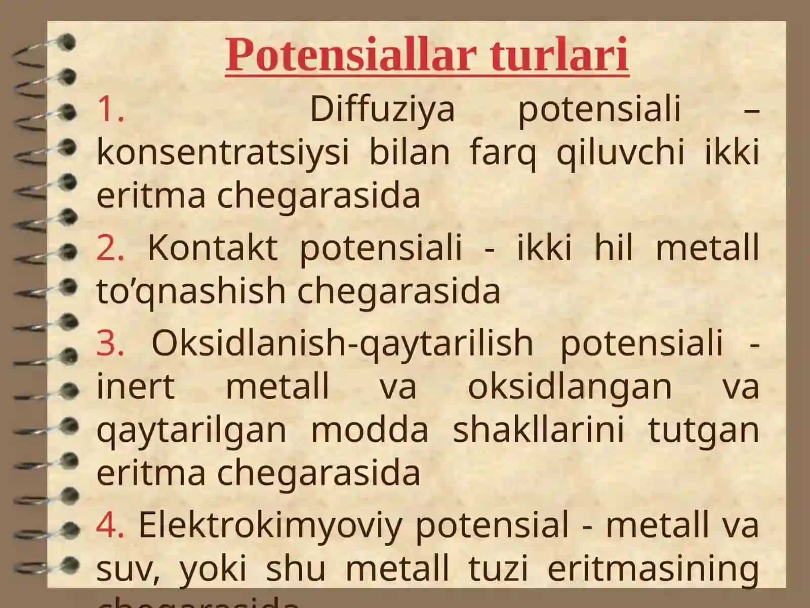 ELEKTRODLARDAGI JARAYONLAR. OKSIDLANISH-QAYTARILISH POTENSIALLARI 4