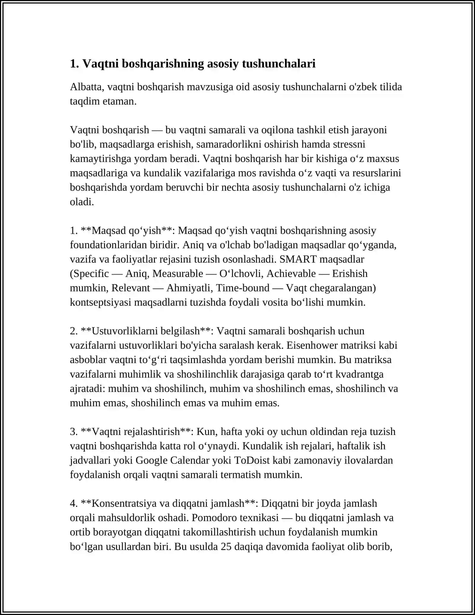 VAQTNI BOSHQARISH KO'NIKMASI VA UNDAN FOYDALANISHNING AFZALLIKLARI 4