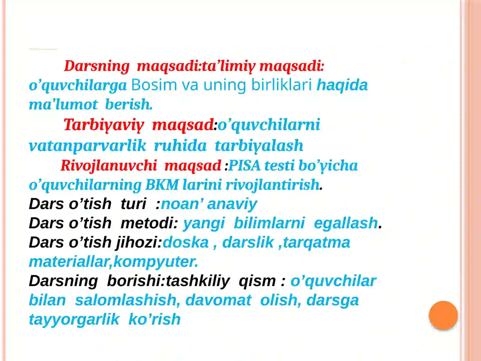 6-sinf Fizika fanidan Bosim va uning birliklari dars ishlanma 4