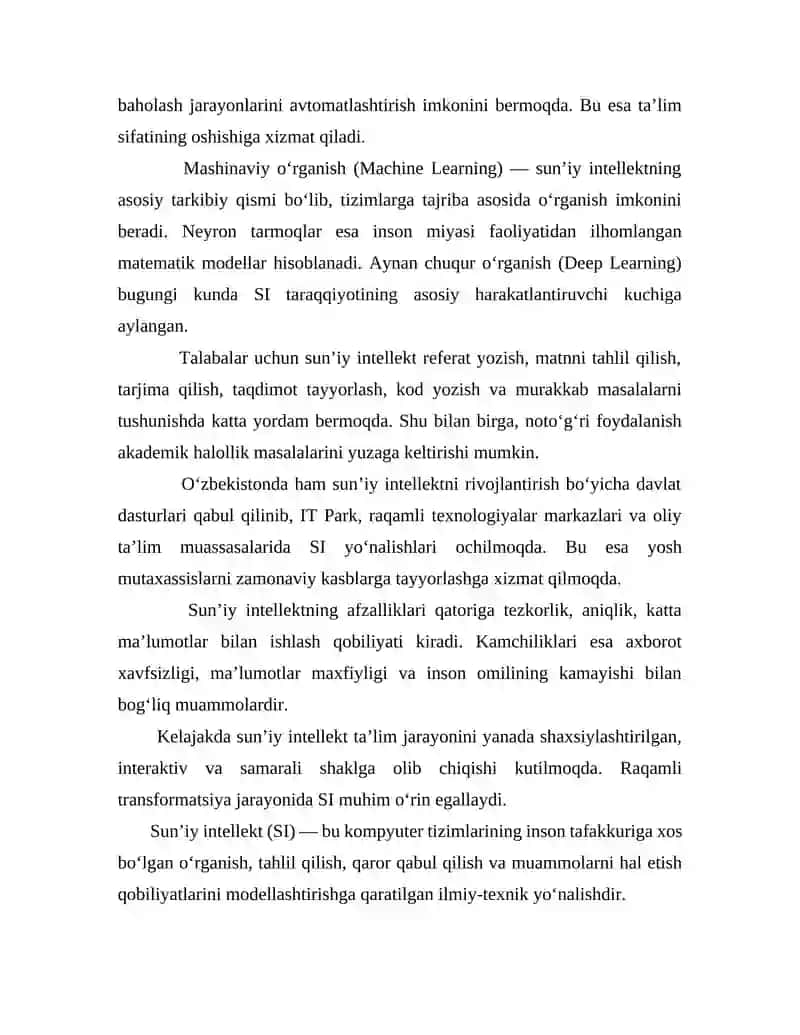 Sun’iy Intellekt: Rivojlanishi, Qo‘llanilishi va Zamonaviy Texnologiyalardagi O‘rni (Mustaqil Ish) 4