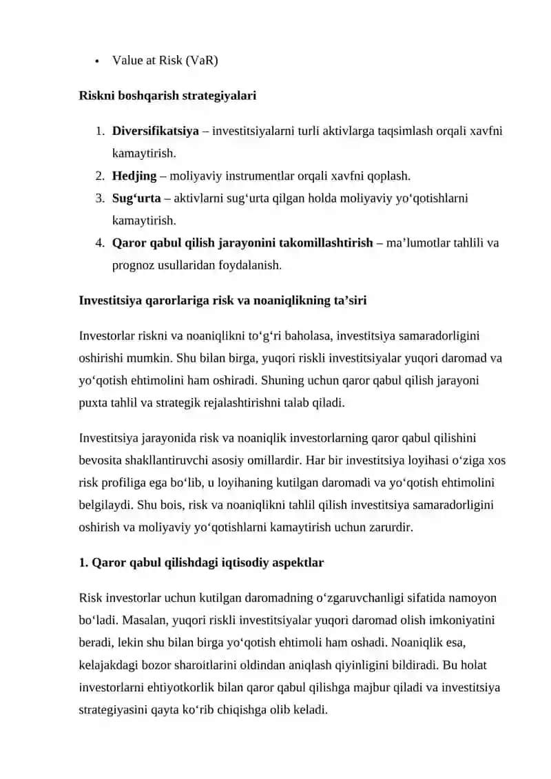 Investitsiya Jarayonida Risk va Noaniqlik 4