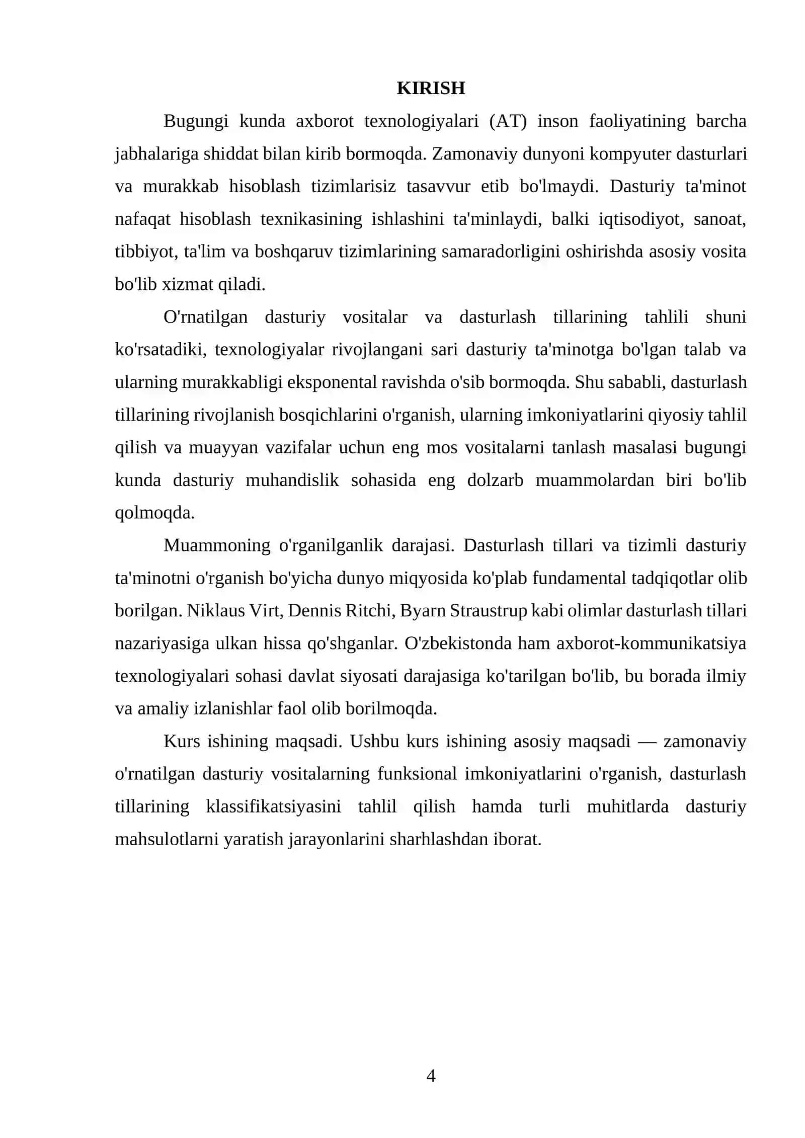 Oʻrnatilgan dasturiy vositalar va dasturlash tillari sharhi mavzusidagi KURS ISHI 4
