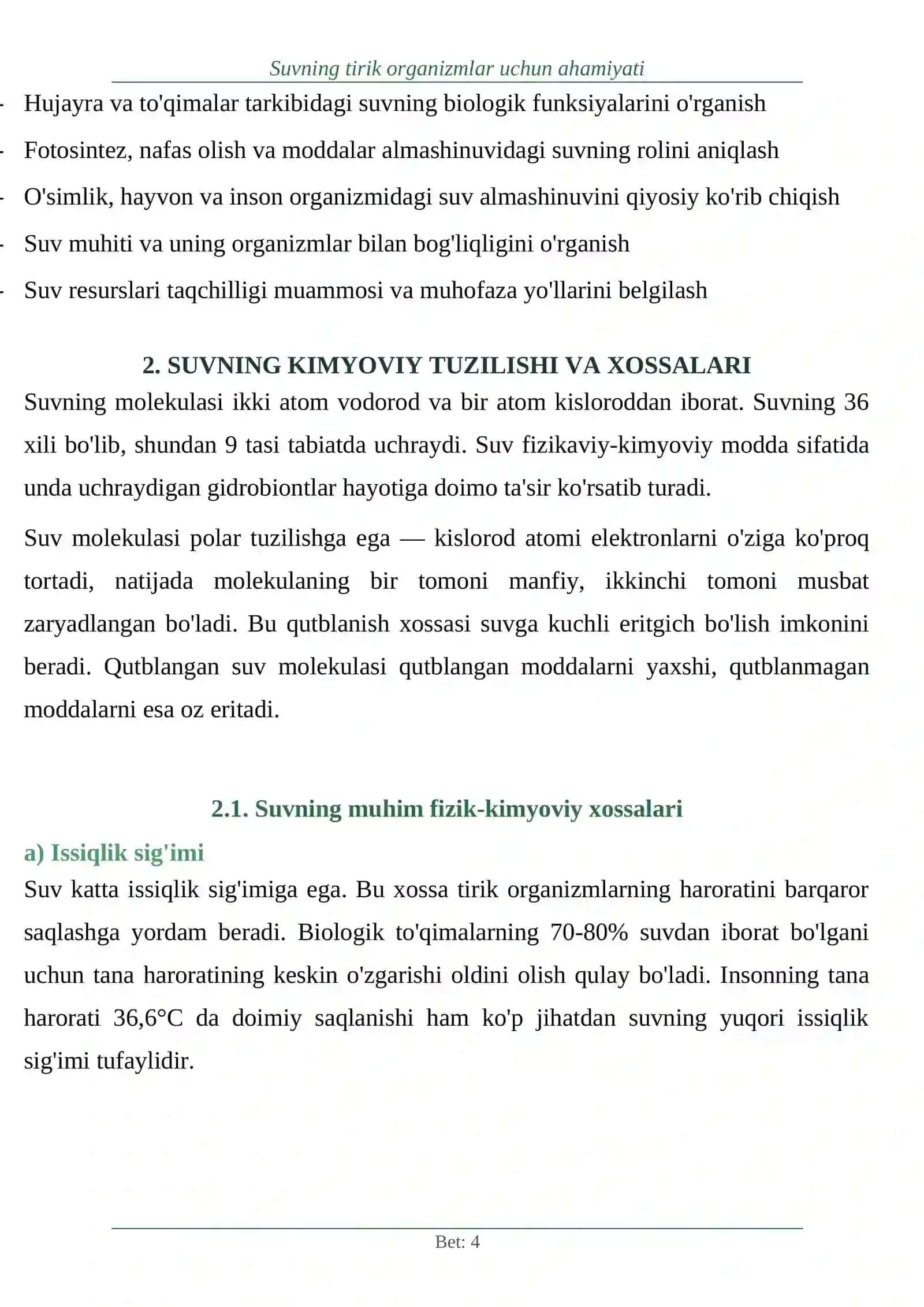 Suvning tirik organizmlar uchun ahamiyati 4
