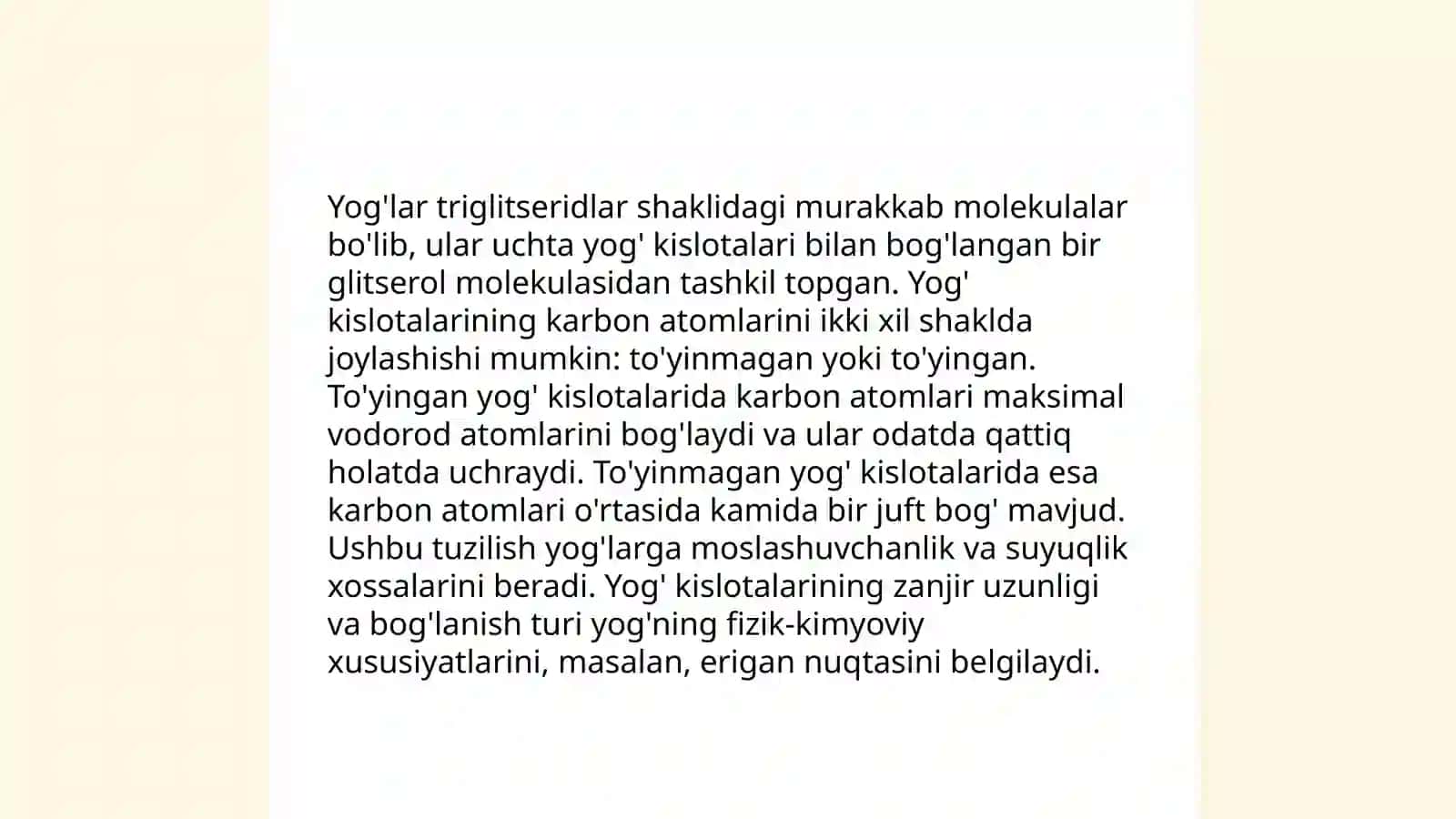 Yog'lar: kimyoviy tarkibi, tuzilishi va funksiyalari, ularning klassifikatsiyasi 4