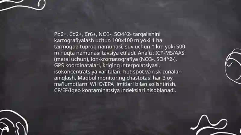 Tuproq va suvning ifloslanishida ion bog'lanishli birikmalarni aniqlab, ulardan tozalash usulini ishlab chiqish 4
