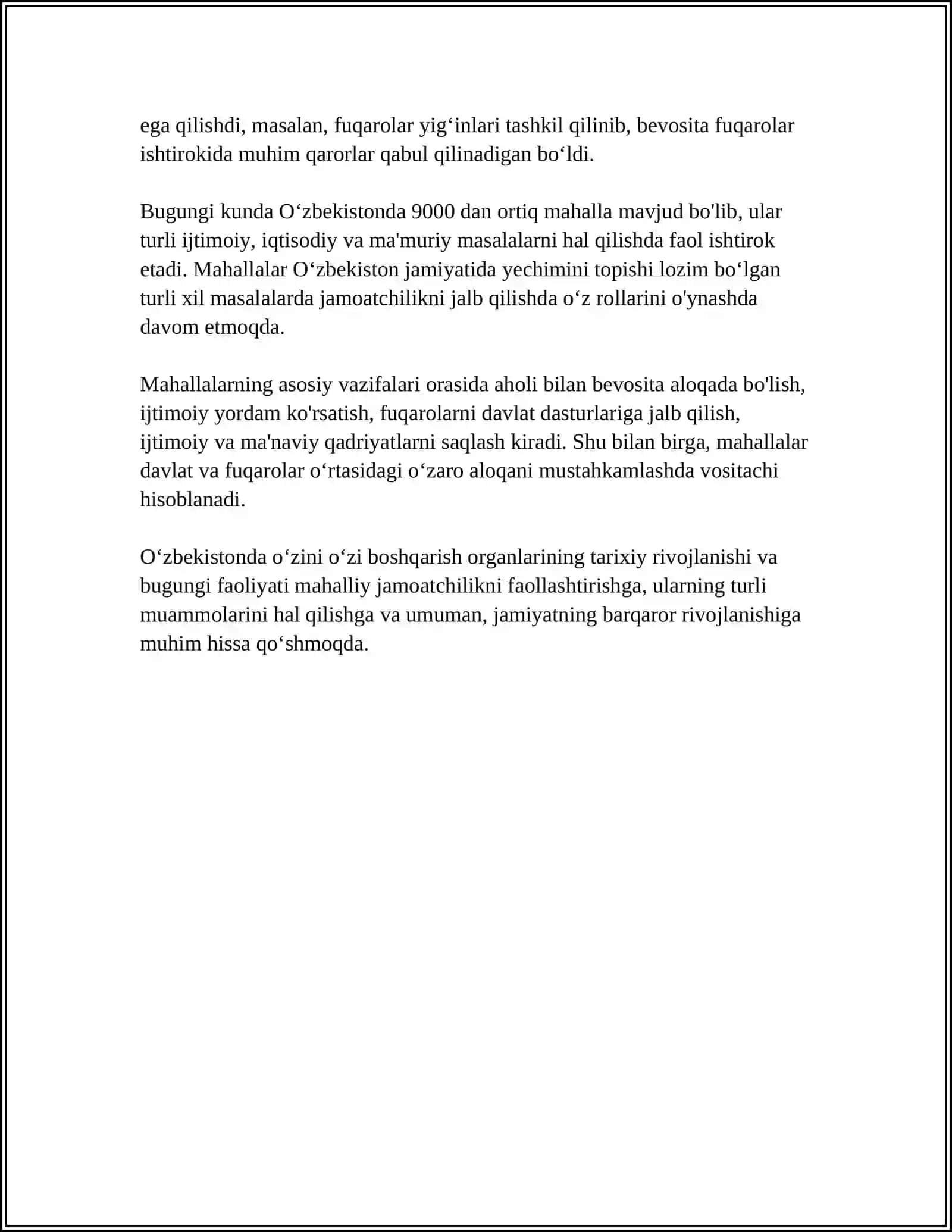 O‘ZBEKISTONDA O‘ZINI O‘ZI BOSHQARISH ORGANLARINING FAOLIYATI VA ULARNING JAMIYATNI DEMOKRATIYALASHTIRISHDAGI O'RNI 4