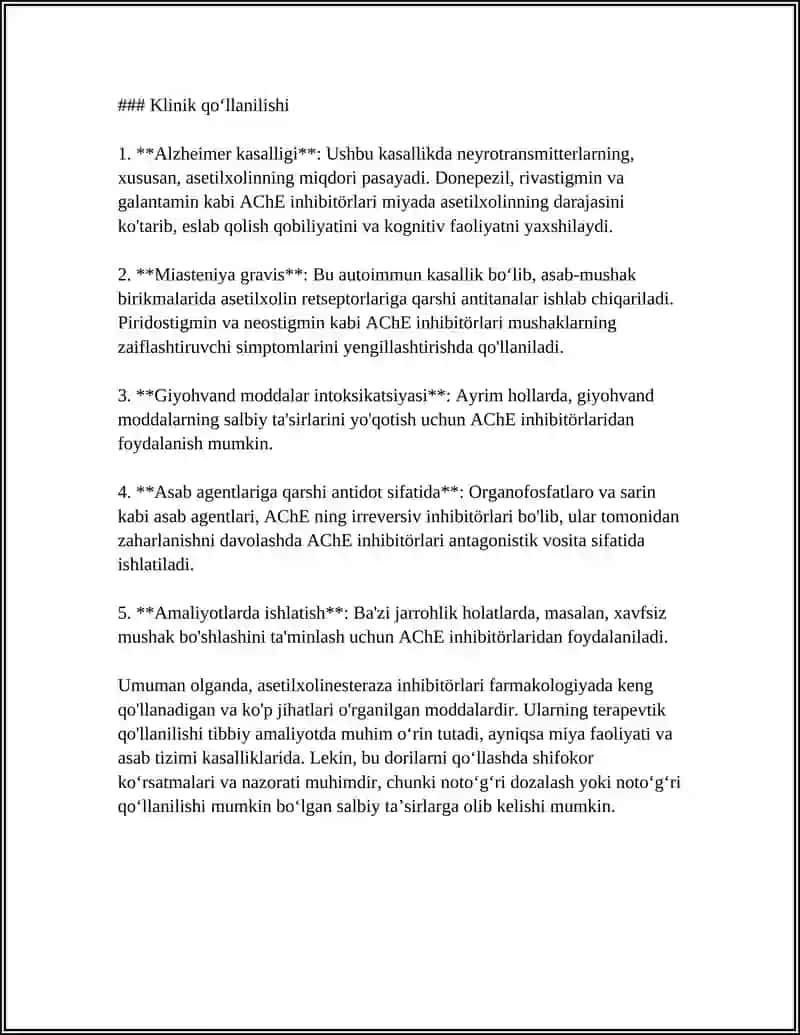 Asetilkolinesteraza inhibitorlari: turlar, mexanizmlar va klinik qoʻllanilishi 4