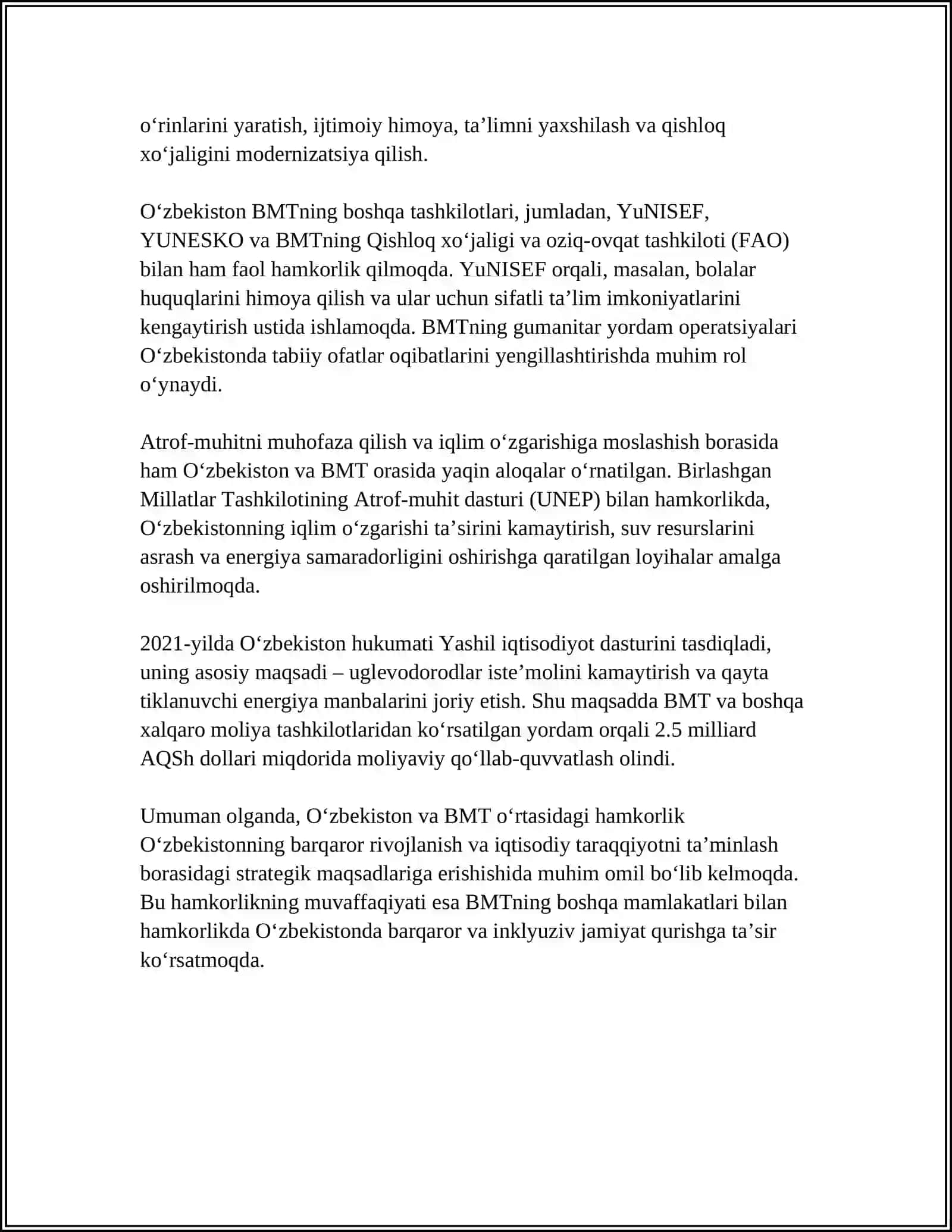 O‘zbekistonning Xalqaro Tashkilot Bilan Hamkorlik Aloqalari 4