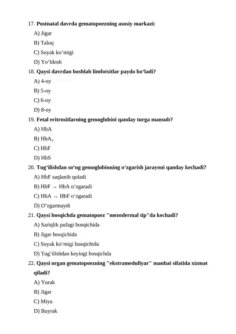 Xomilada gematopoezning xususiyatlari joylar, bosqichlar, gematopoez turlari, kritik davrlar o‘zgarishi 4
