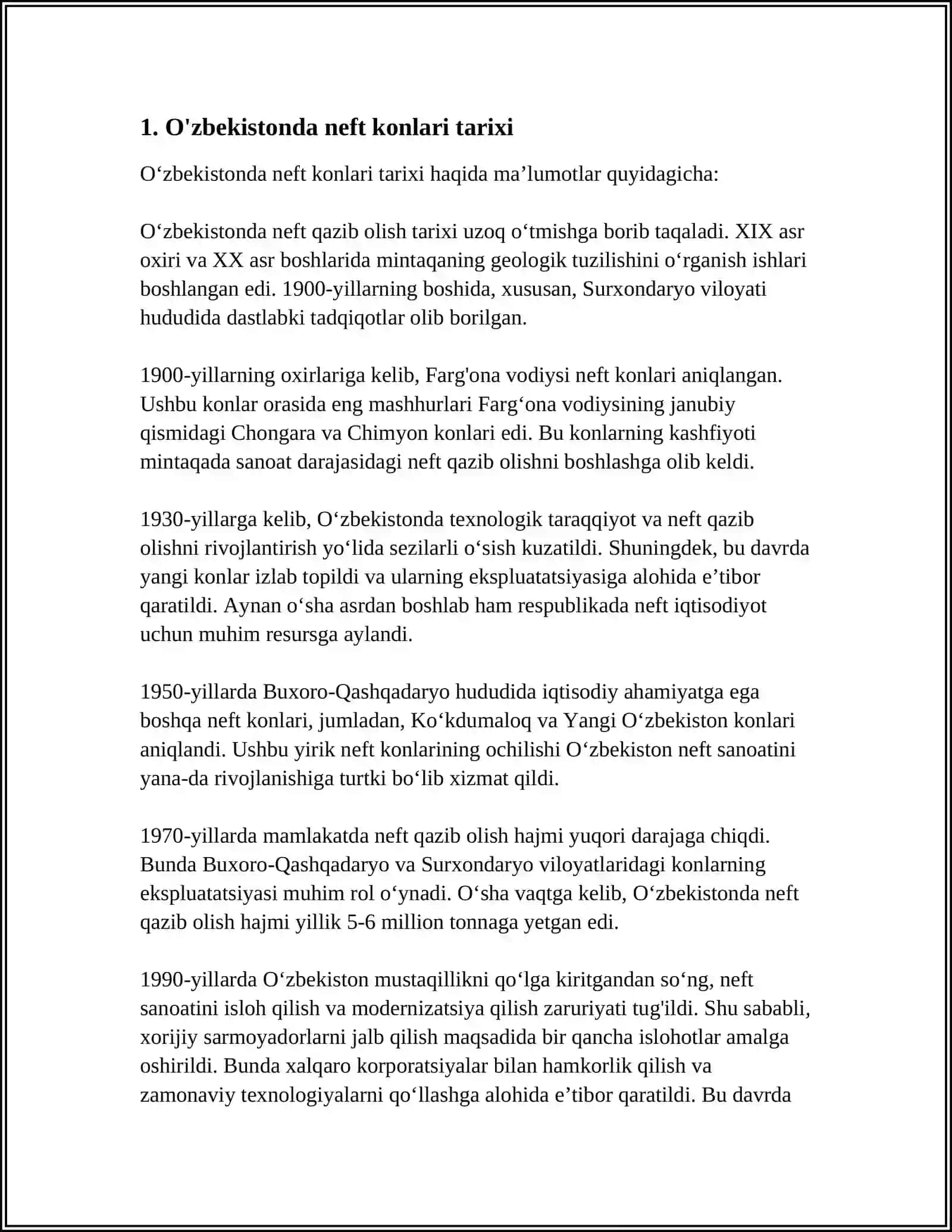 O'ZBEKISTON RESPUBLIKASIDA NEFT KONLARI VA ULARNING ZAXIRASI MUSTAQIL ISH 4