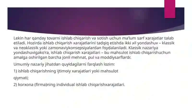 Ishlab chiqarish xarajatlarni minimallashtirish shartlari va korxonaning zararsiz ishlash nuqtasini hisoblash yo’llari 4