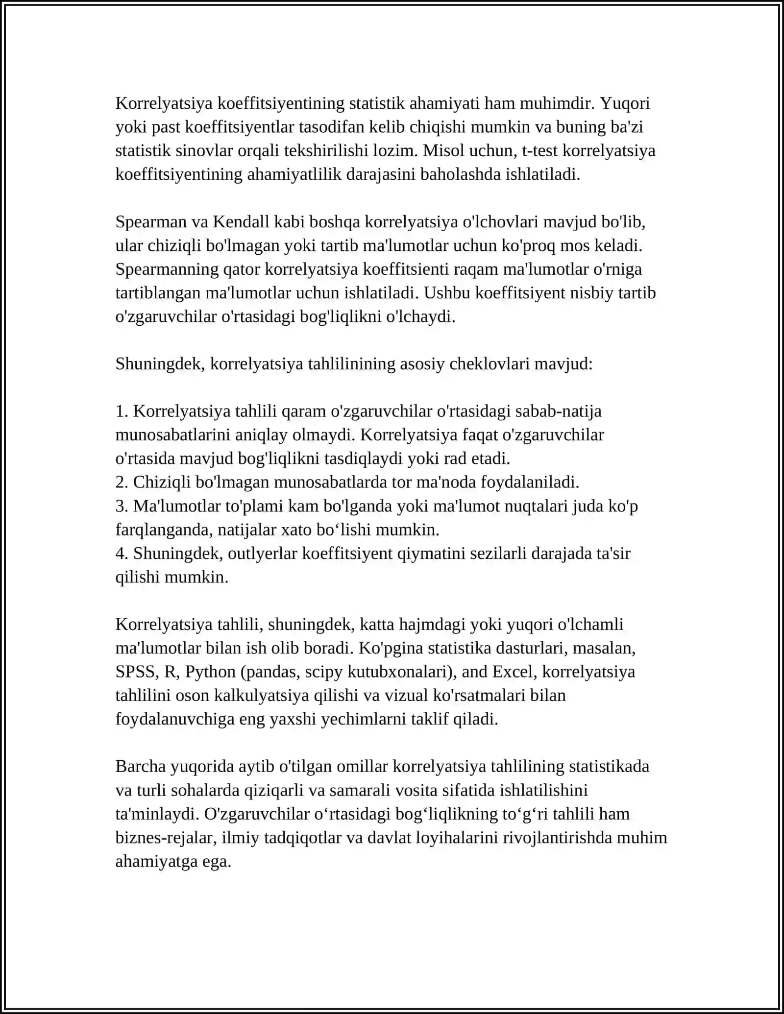 KORRELYATSIYA VA O'ZARO BOG'LIQLIK: O'ZGARUVCHILAR O'RTASIDAGI MUNOSABATLARNI TAHLIL QILISH 4