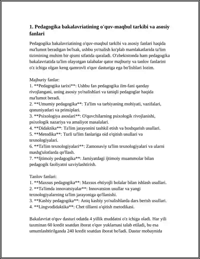 PEDAGOGIKA BAKALAVRIAT TA'LIM YONALISHINING ZARURIY MAZMUNI VA BAKALAVRNING TAYYORGARLIK DARAJASIGA QOYILADIGAN TALABLAR 4