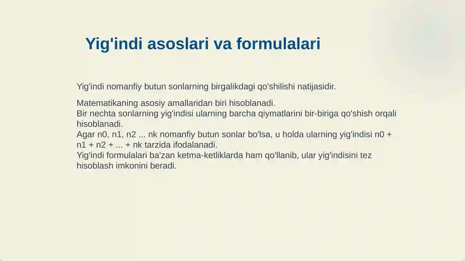 NOMANFIY BUTUN SONLAR YIG'INDISI VA KO'PAYTMASINING BO'LINISHI 4