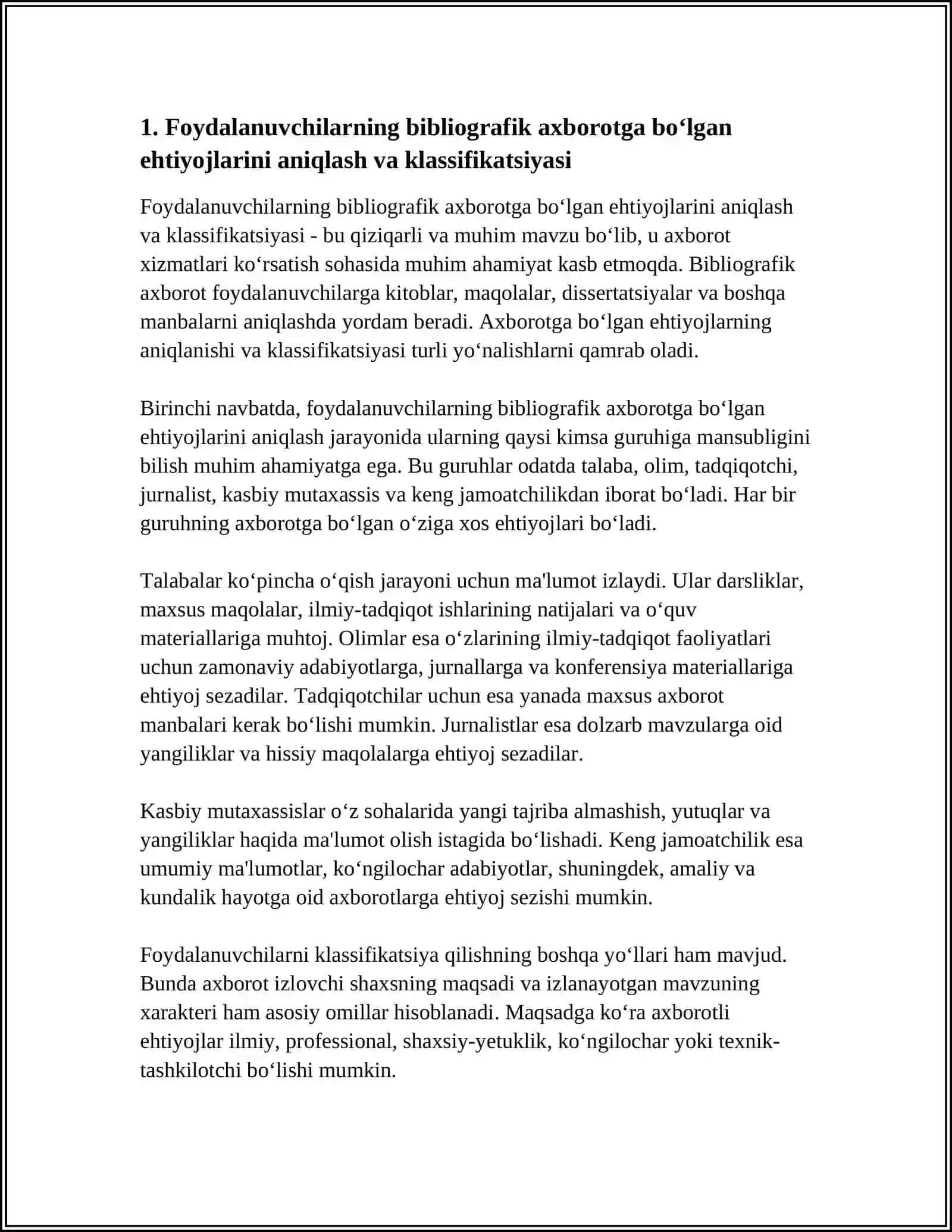 BIBLIOGRAFIK AXBOROT ORQALI FOYDALANUVCHILARNING BIBLIOGRAFIK AXBOROTGA BO'LGAN EHTIYOJLARINI QONDIRISH TIZIMI 4