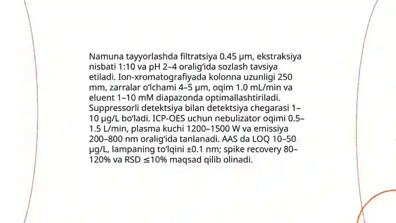 Tuproq va suvning ifloslanishida ion bogʻlanishli birikmalarni aniqlab ulardan tozalash usulini ishlab chiqish 4